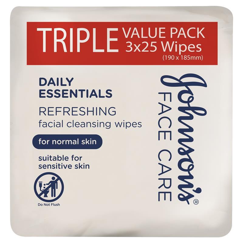 Load image into Gallery viewer, Johnson's Face Care Refreshing Facial Cleansing Wipes For Normal Skin 3 x 25 Pack

