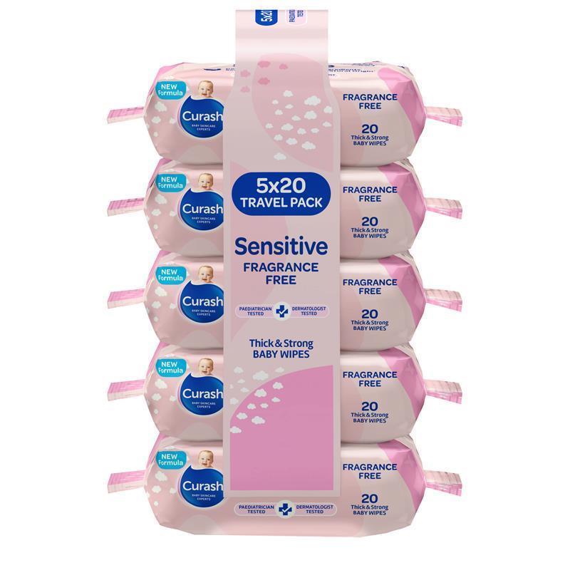 Load image into Gallery viewer, Curash Baby Sensitive Travel Wipes 5 x 20 Pack
