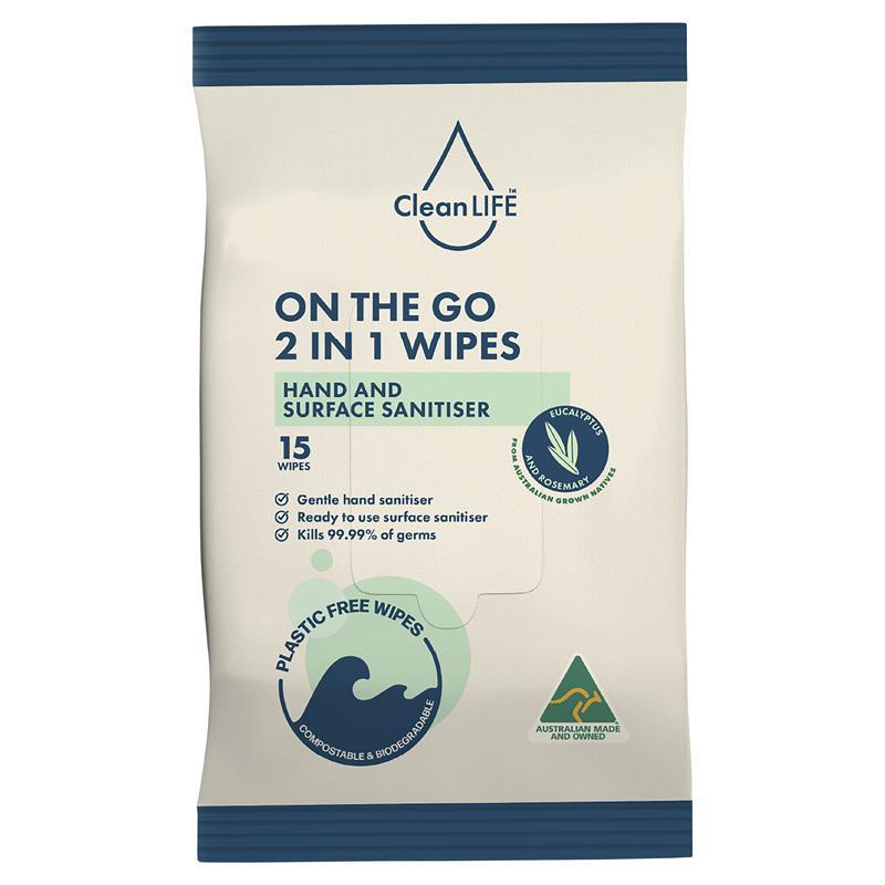 Load image into Gallery viewer, CleanLIFE On The Go 2 In 1 Wipes 15 Pack
