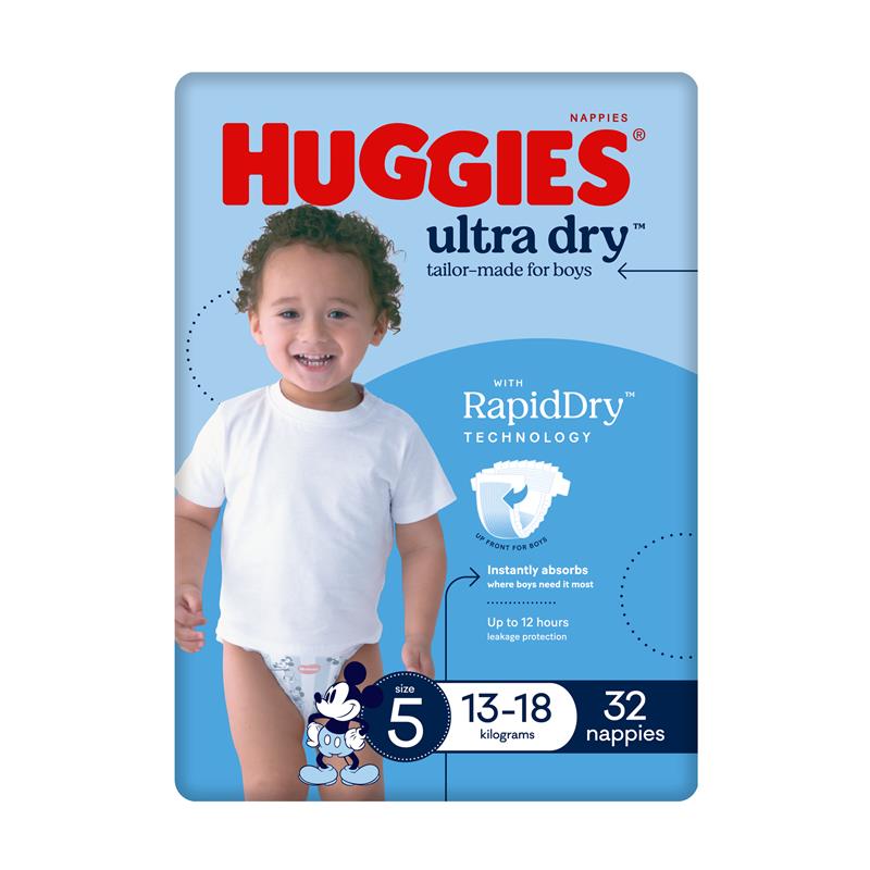Load image into Gallery viewer, Huggies Ultra Dry Nappies Size 5 Boy 13-18kg Bulk 32 Pack
