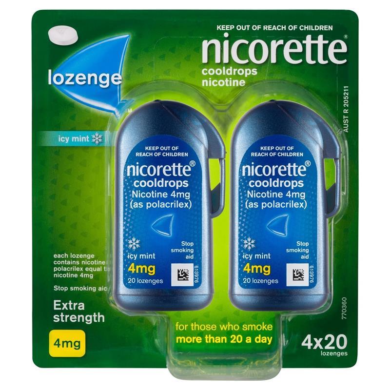 Load image into Gallery viewer, Nicorette Quit Smoking Extra Strength Cooldrops Nicotine Lozenge Icy Mint 4 x 20 Pack
