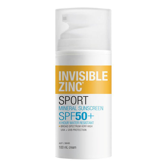 Invisible Zinc SPF 50+ Sport Mineral Sunscreen 4 Hour Water Resistant 100ml