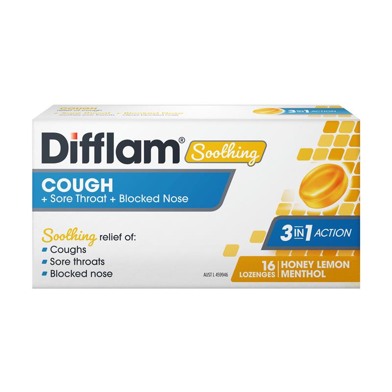 Load image into Gallery viewer, Difflam Soothing Cough + Sore Throat + Blocked Nose Honey Lemon 16 Lozenges
