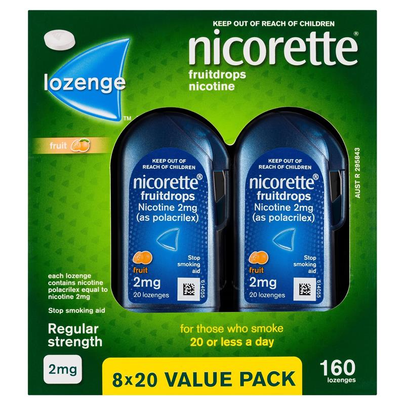 Load image into Gallery viewer, Nicorette Quit Smoking Regular Strength Nicotine Lozenge Fruitdrops  8 x 20 Pack
