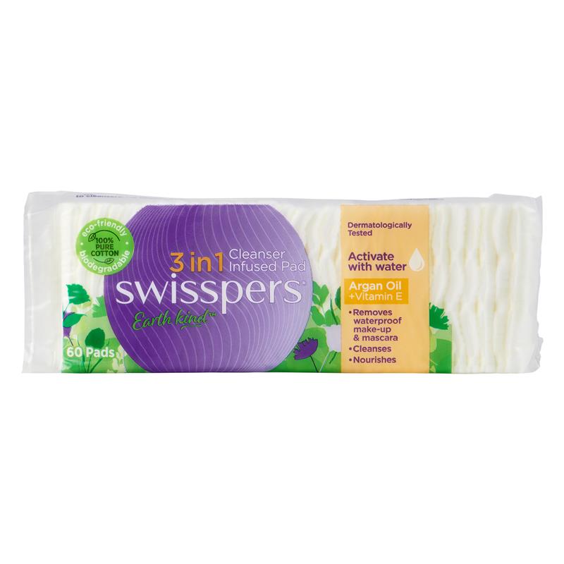 Load image into Gallery viewer, Swisspers 3in1 Argan Oil &amp; Vitamin E Cleanser Infused Pads 60 pack
