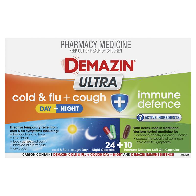 Load image into Gallery viewer, Demazin Ultra Cough Cold &amp; Flu + Immune Defence 34 Capsules
