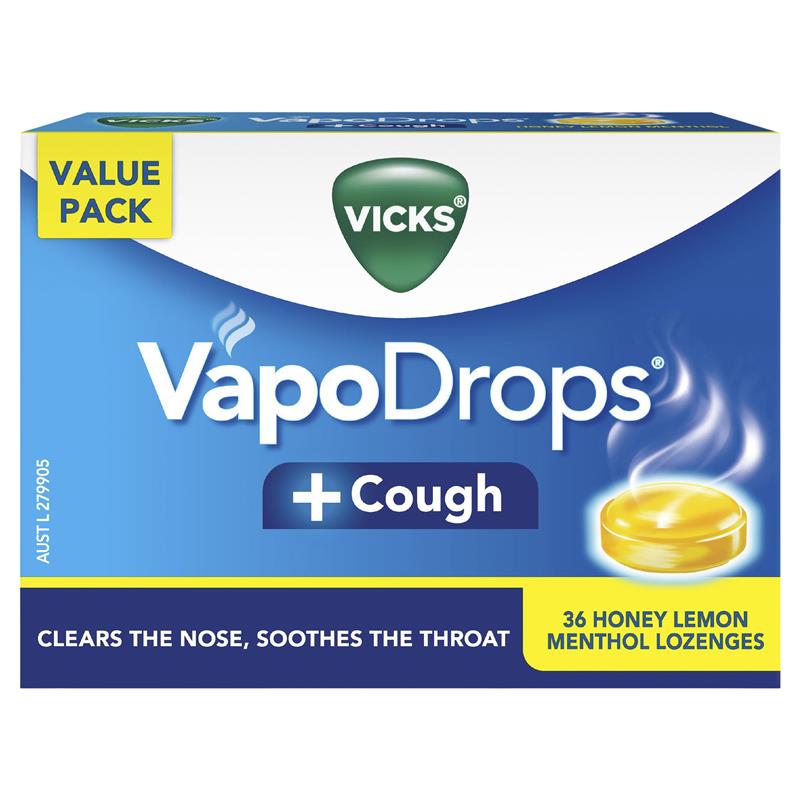 Load image into Gallery viewer, Vicks VapoDrops + Cough Honey Lemon Menthol 36 Lozenges
