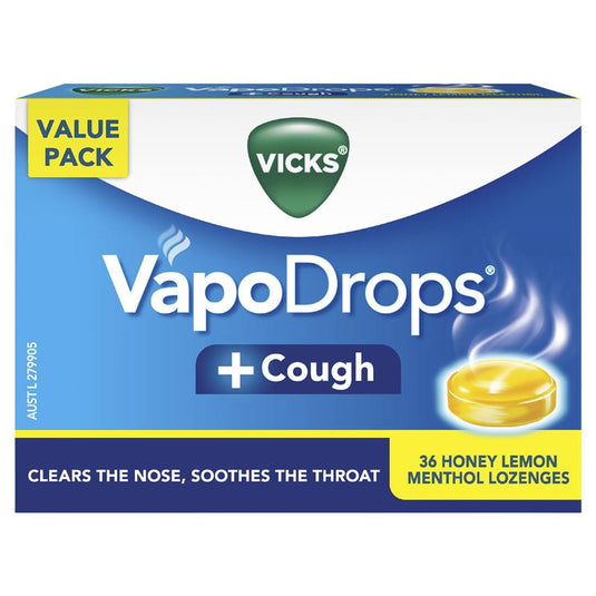 Vicks VapoDrops + Cough Honey Lemon Menthol 36 Lozenges