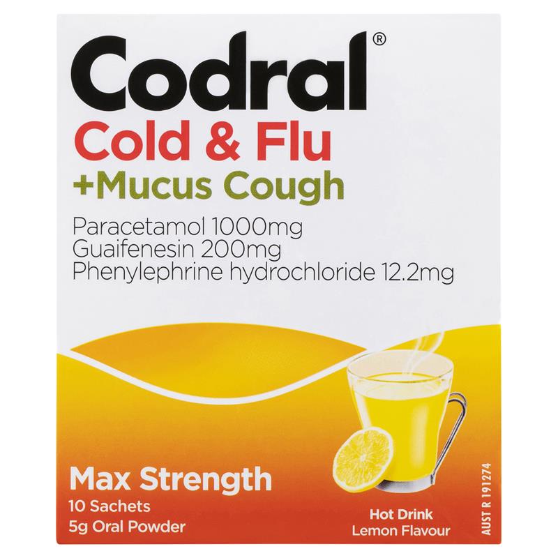 Load image into Gallery viewer, Codral Cold &amp; Flu + Mucus Cough Max Strength Hot Drink Oral Powder Lemon 10 Pack
