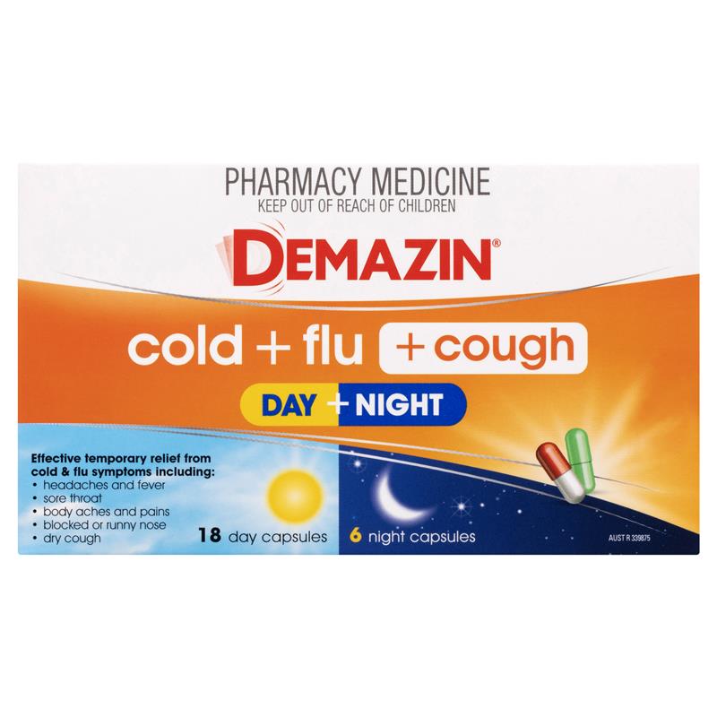 Load image into Gallery viewer, Demazin Cold + Flu + Cough Day + Night 24 Capsules
