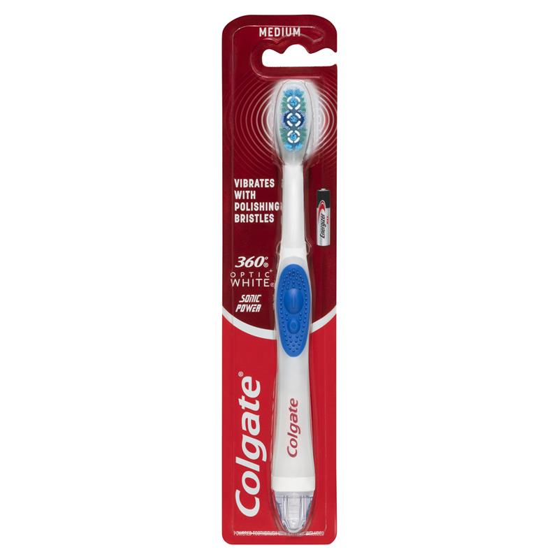 Load image into Gallery viewer, Colgate 360 Optic White Power toothbrush Medium with vibrating &amp; polishing bristles
