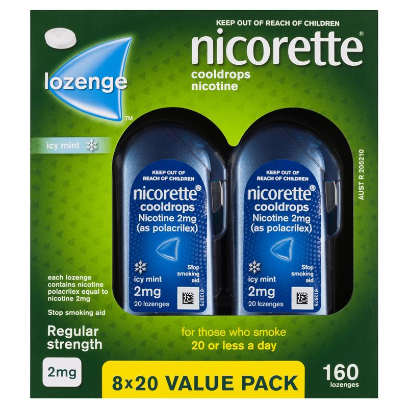 Load image into Gallery viewer, Nicorette Quit Smoking Regular Strength Cooldrops Nicotine Lozenge Icy Mint 8 x 20 Pack
