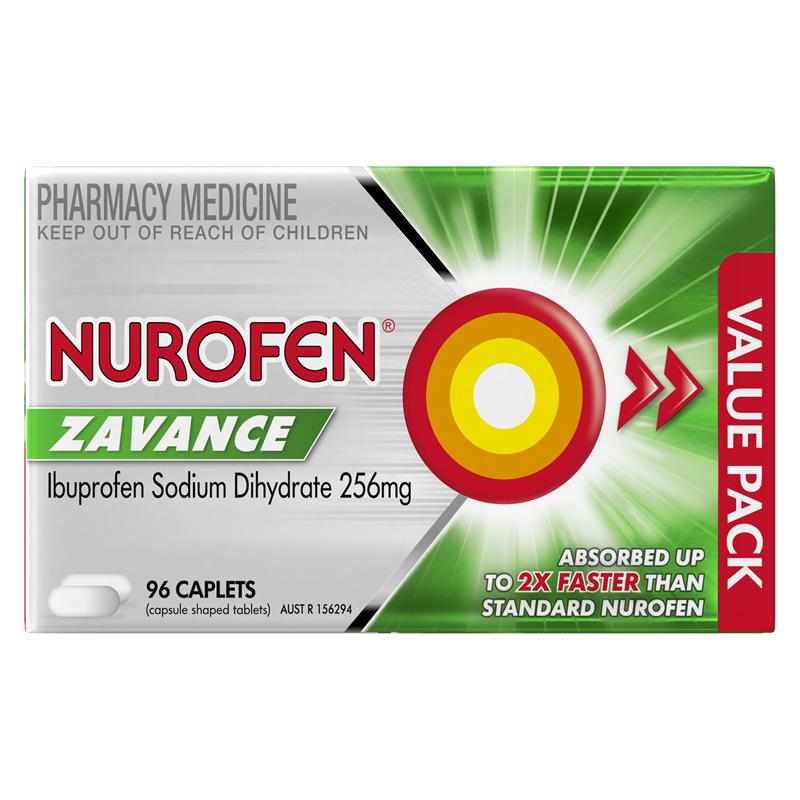 Load image into Gallery viewer, Nurofen Zavance Fast Pain Relief Caplets 256mg Ibuprofen 96 Pack
