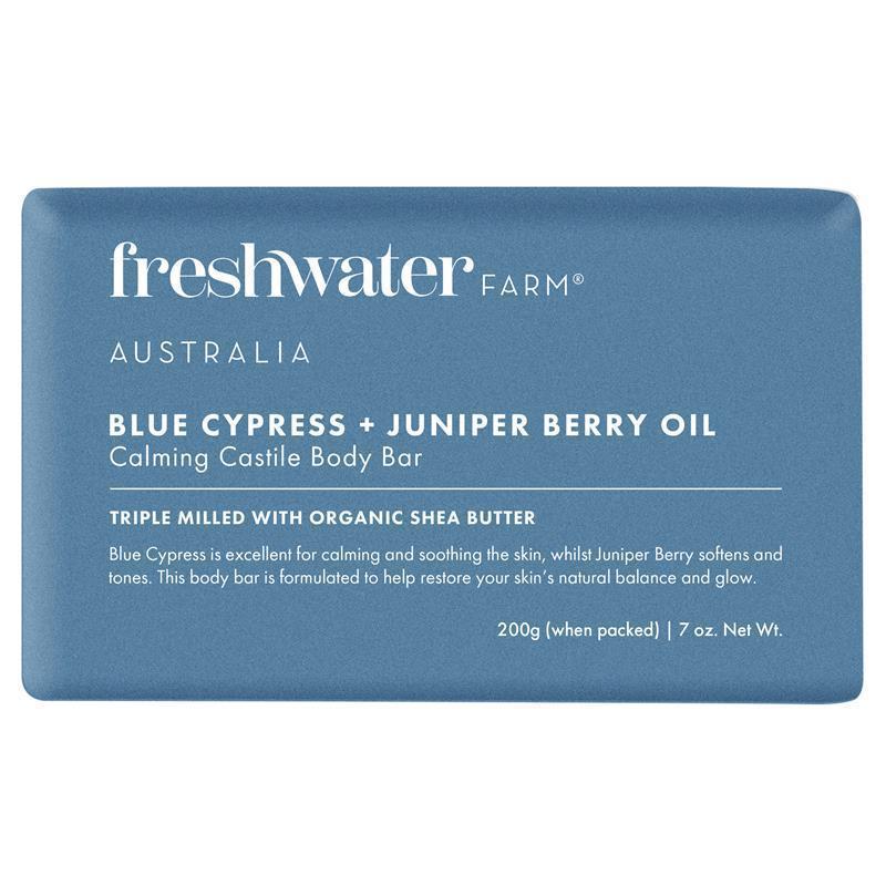 Load image into Gallery viewer, Freshwater Farm Australia Blue Cypress + Juniper Berry Oil Calming Body Bar 200g
