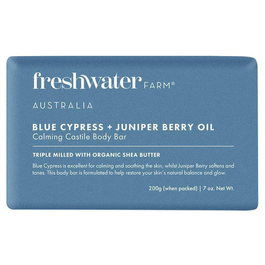 Freshwater Farm Australia Blue Cypress + Juniper Berry Oil Calming Body Bar 200g
