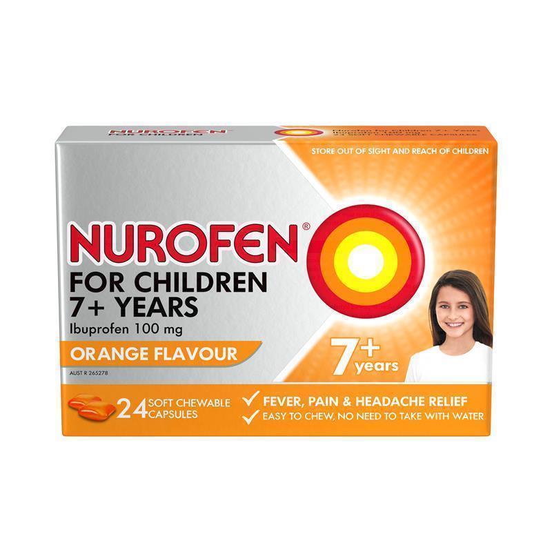 Load image into Gallery viewer, Nurofen For Children 7+ Pain and Fever Relief Chewable Capsules 100mg Ibuprofen Orange 24 pack
