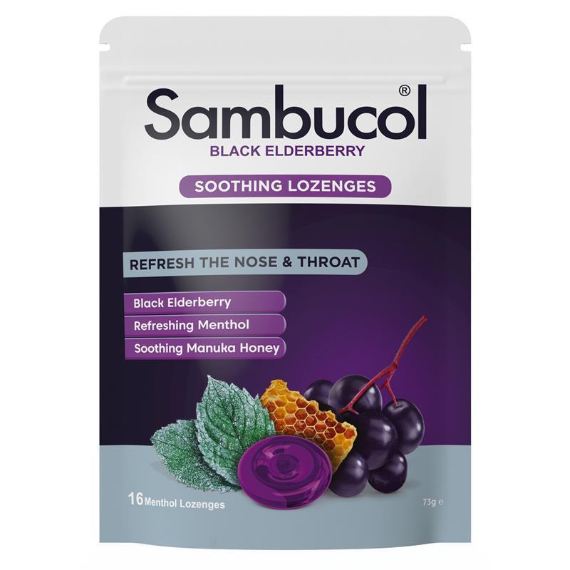 Load image into Gallery viewer, Sambucol Soothing Nose &amp; Throat Menthol &amp; Honey 16 Lozenges
