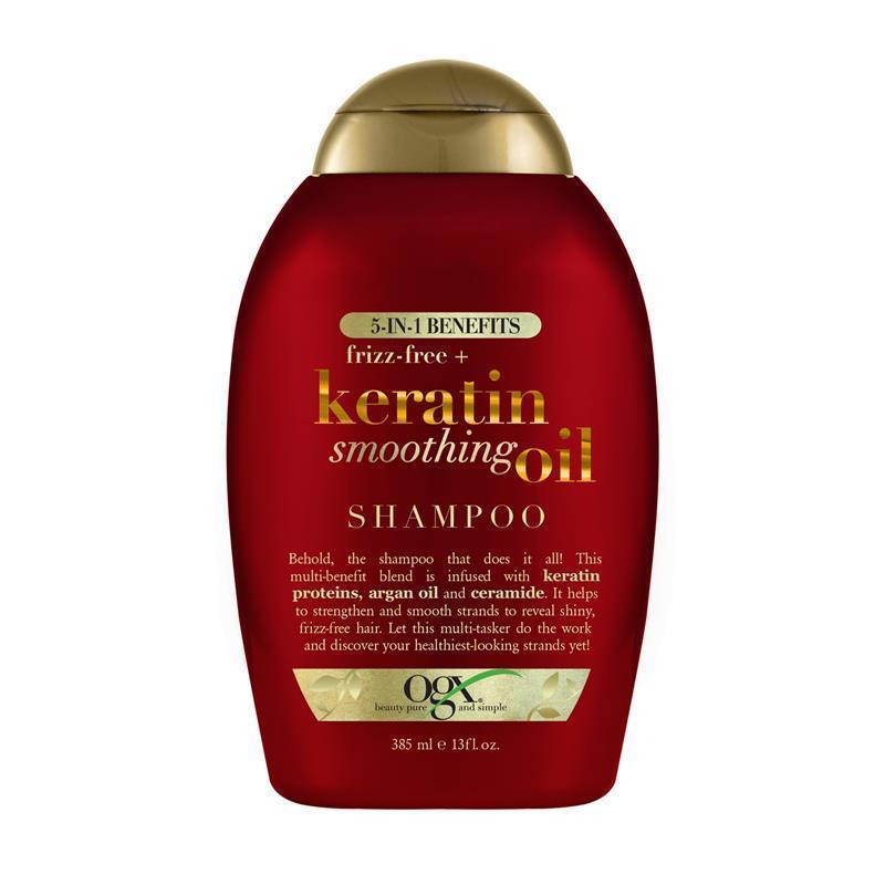 Load image into Gallery viewer, Ogx Frizz Free + Keratin Smoothing Oil 5 in 1 Benefits Shampoo For Frizzy Hair 385mL
