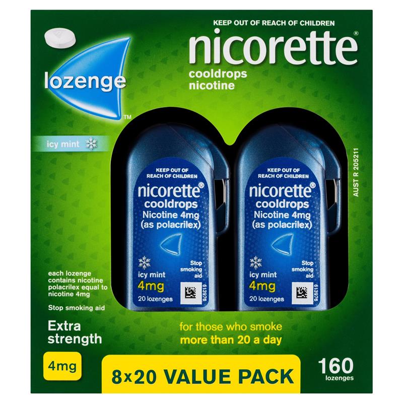 Load image into Gallery viewer, Nicorette Quit Smoking Extra Strength Cooldrops Nicotine Lozenge Icy Mint 8 x 20 Pack
