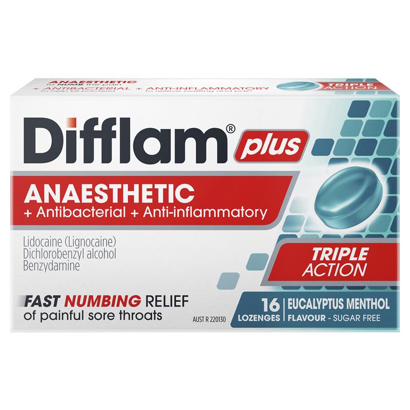 Load image into Gallery viewer, Difflam Plus Anaesthetic Sugar Free Eucalyptus Menthol 16 Lozenges
