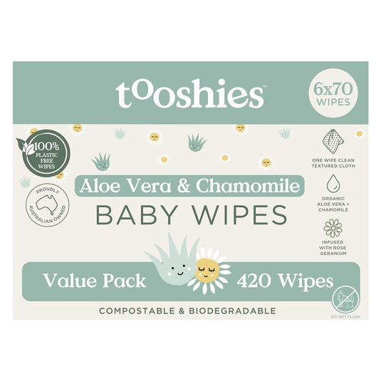 Tooshies Baby Wipes Aloe Vera and Chamomile 6 x 70 Pack