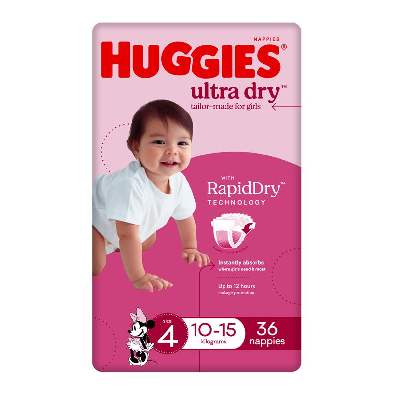 Load image into Gallery viewer, Huggies Ultra Dry Nappies Size 4 Girl 10-15kg Bulk 36 Pack
