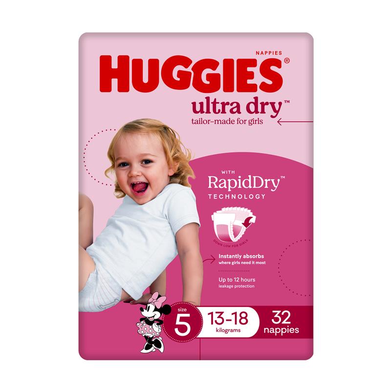 Load image into Gallery viewer, Huggies Ultra Dry Nappies Size 5 Girl 13-18kg Bulk 32 Pack
