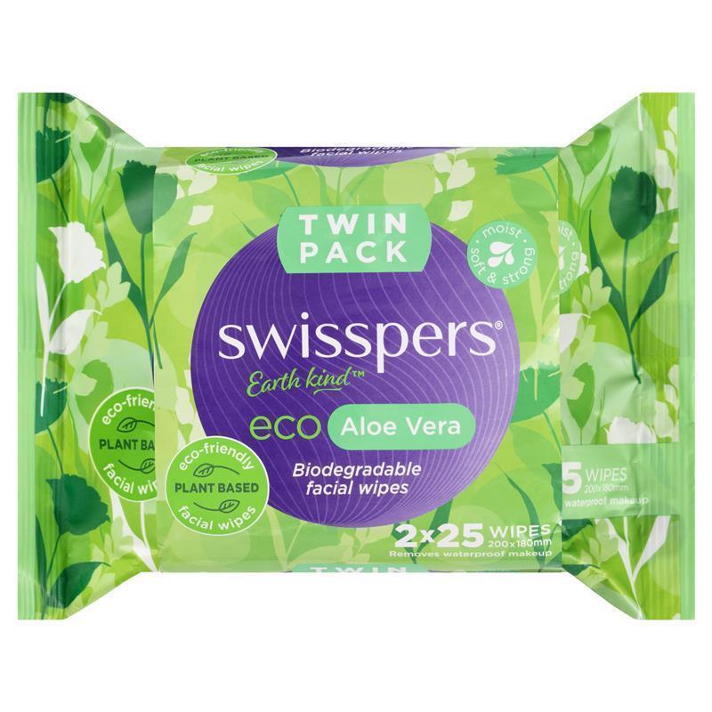 Load image into Gallery viewer, Swisspers Eco Aloe Vera Biodegradable Facial Wipes Twin Pack 2 x 25 Wipes
