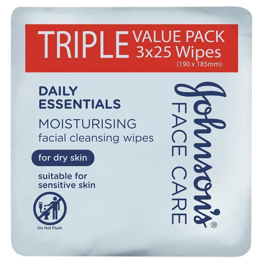 Johnson's Face Care Moisturising Facial Cleansing Wipes For Dry Skin 3 x 25 Pack