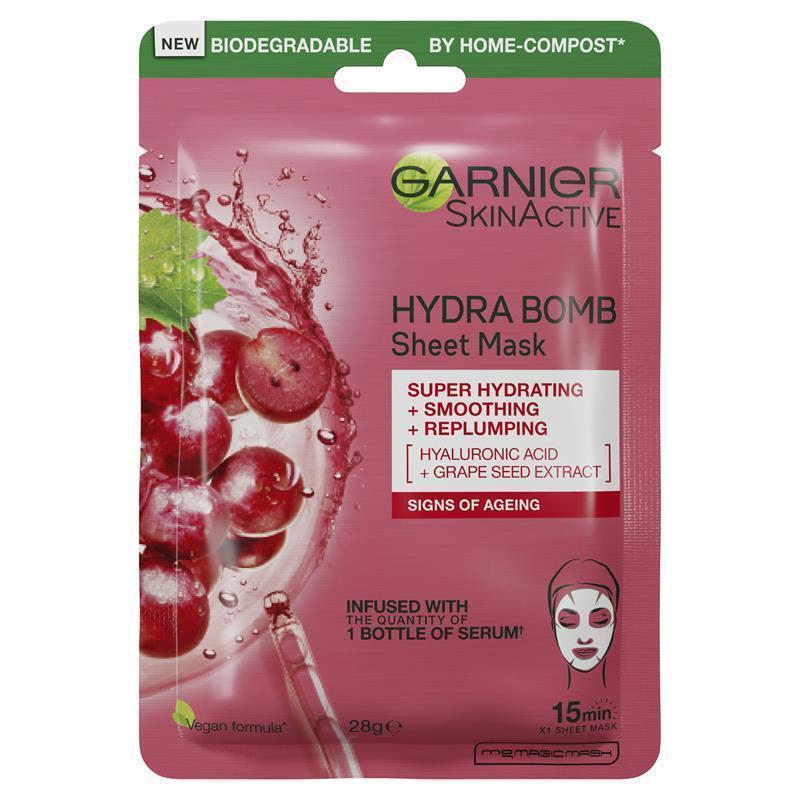 Load image into Gallery viewer, Garnier Hydra Bomb Hyaluronic Acid + Grape Seed Anti Ageing Sheet Mask
