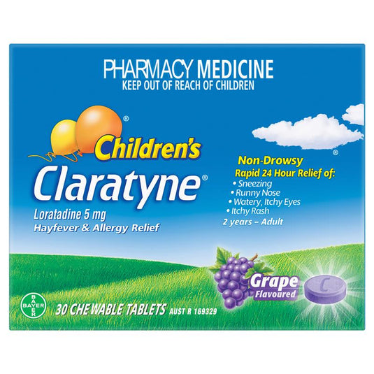 Children's Claratyne Allergy & Hayfever Relief Antihistamine For Kids Grape Chewable Tablets 30 pack