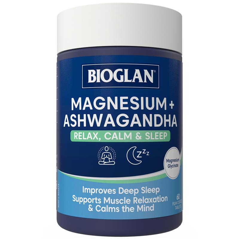 Load image into Gallery viewer, Bioglan Magnesium + Ashwagandha Relax Calm &amp; Sleep 60 Tablets
