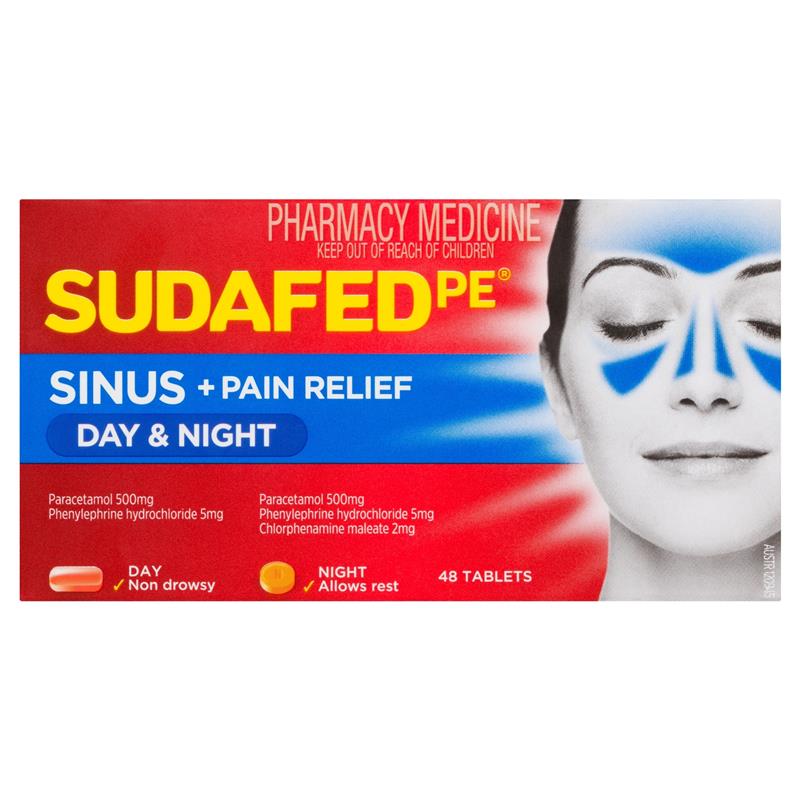 Load image into Gallery viewer, Sudafed PE Sinus + Pain Relief Day &amp; Night Tablets 48 Pack
