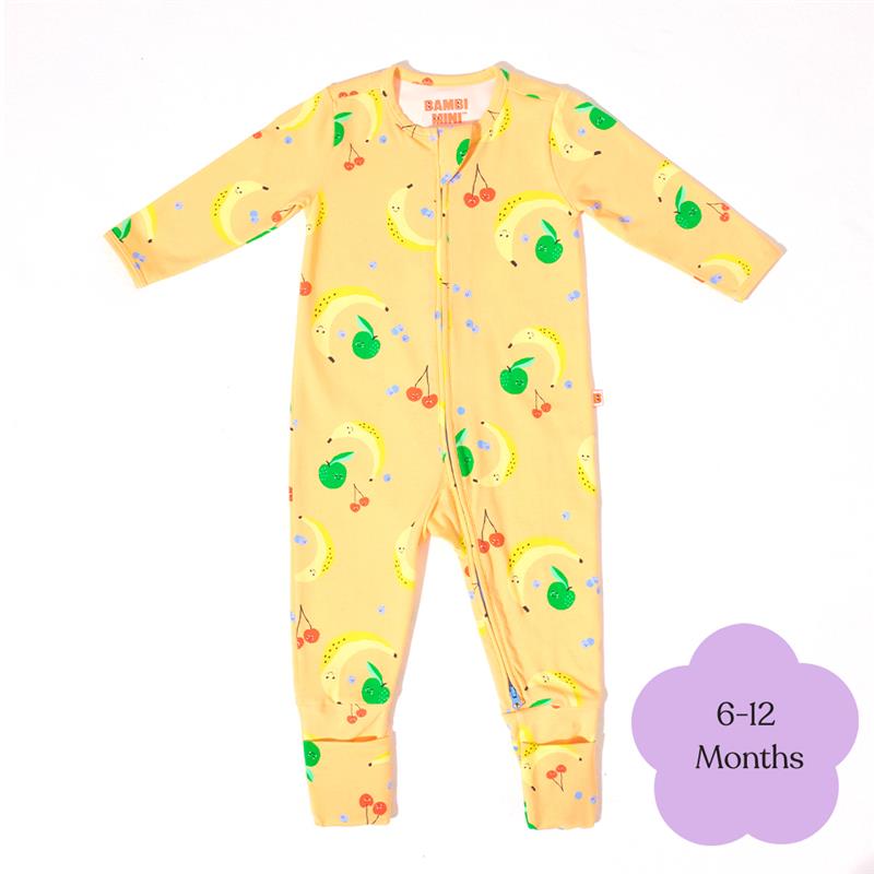Load image into Gallery viewer, Bambi Mini Co. Wrigglesuit Unisex Orange Fruit Salad 6-12 With Grippy Feet
