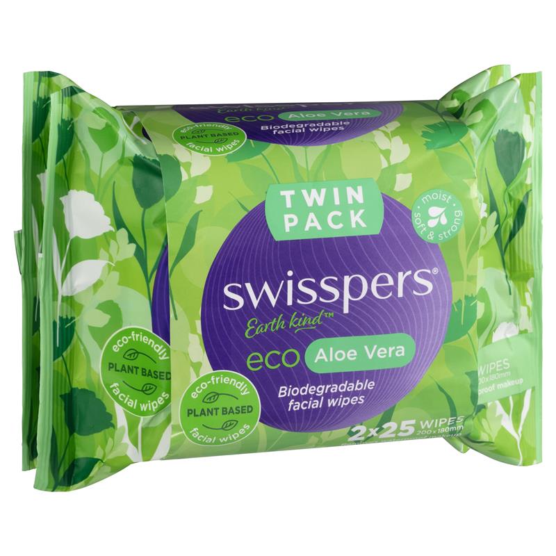 Load image into Gallery viewer, Swisspers Eco Aloe Vera Biodegradable Facial Wipes Twin Pack 2 x 25 Wipes
