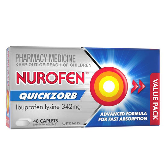 Nurofen Quickzorb Pain Relief Caplets 48 pack Ibuprofen Lysine 342mg