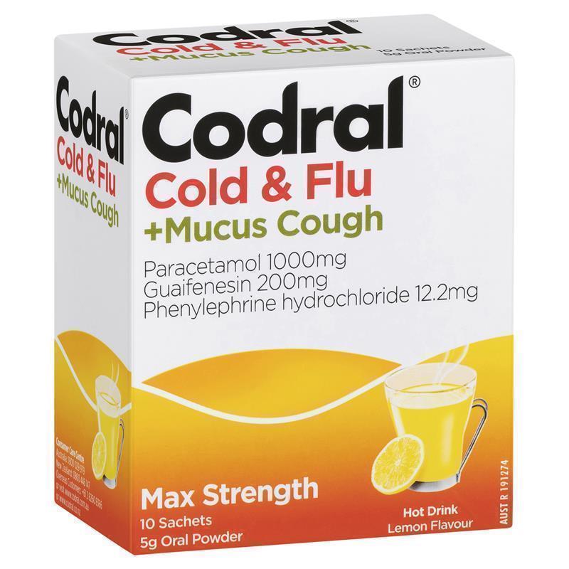 Load image into Gallery viewer, Codral Cold &amp; Flu + Mucus Cough Max Strength Hot Drink Oral Powder Lemon 10 Pack
