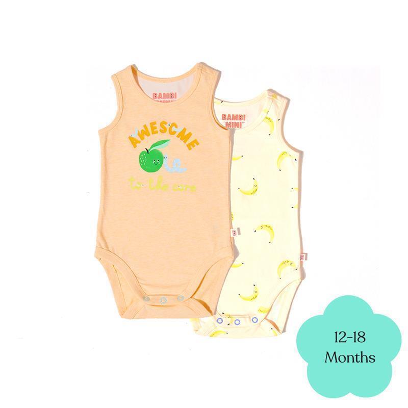 Load image into Gallery viewer, Bambi Mini Co. Supersinglet Bodysuit Unisex Orange Awesome and Bananas 2 pack 12-18
