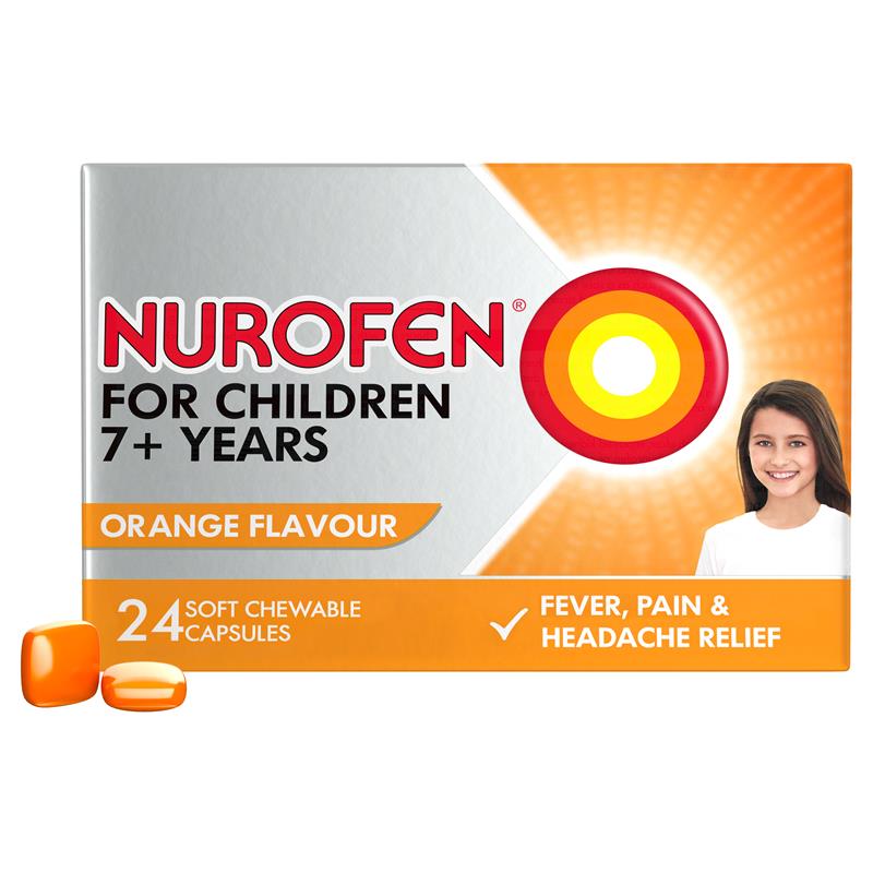 Load image into Gallery viewer, Nurofen For Children 7+ Pain and Fever Relief Chewable Capsules 100mg Ibuprofen Orange 24 pack
