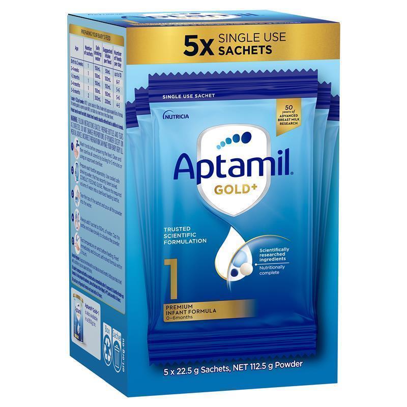 Load image into Gallery viewer, Aptamil Gold+ 1 Baby Infant Formula Powder Sachets From Birth to 6 Months 5 Pack 22.5g
