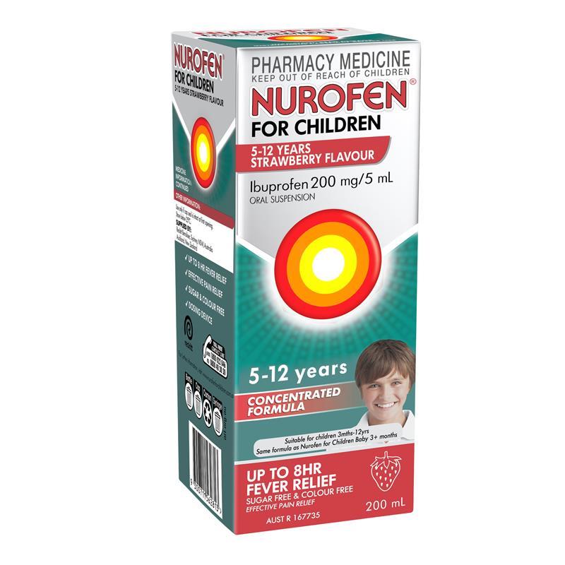 Load image into Gallery viewer, Nurofen For Children 5-12yrs Pain and Fever Relief Concentrated Liquid 200mg/5mL Ibuprofen Strawberry 200mL
