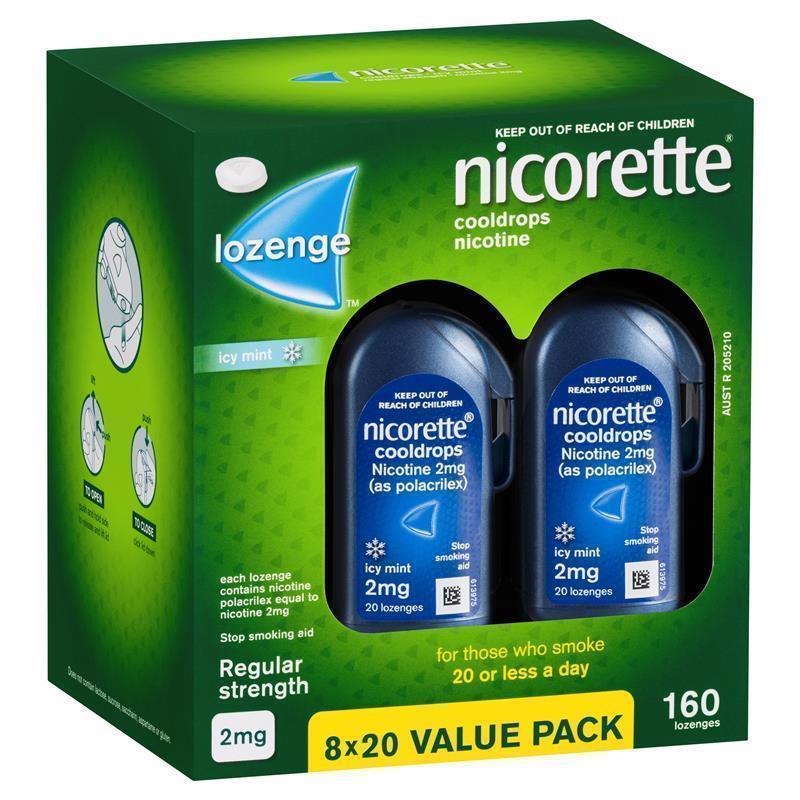Load image into Gallery viewer, Nicorette Quit Smoking Regular Strength Cooldrops Nicotine Lozenge Icy Mint 8 x 20 Pack
