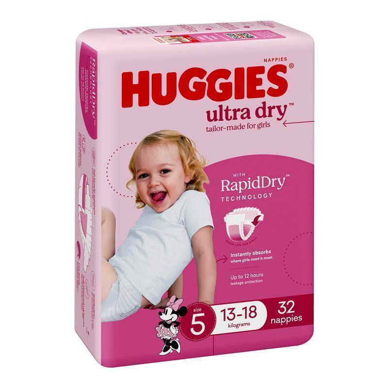Load image into Gallery viewer, Huggies Ultra Dry Nappies Size 5 Girl 13-18kg Bulk 32 Pack

