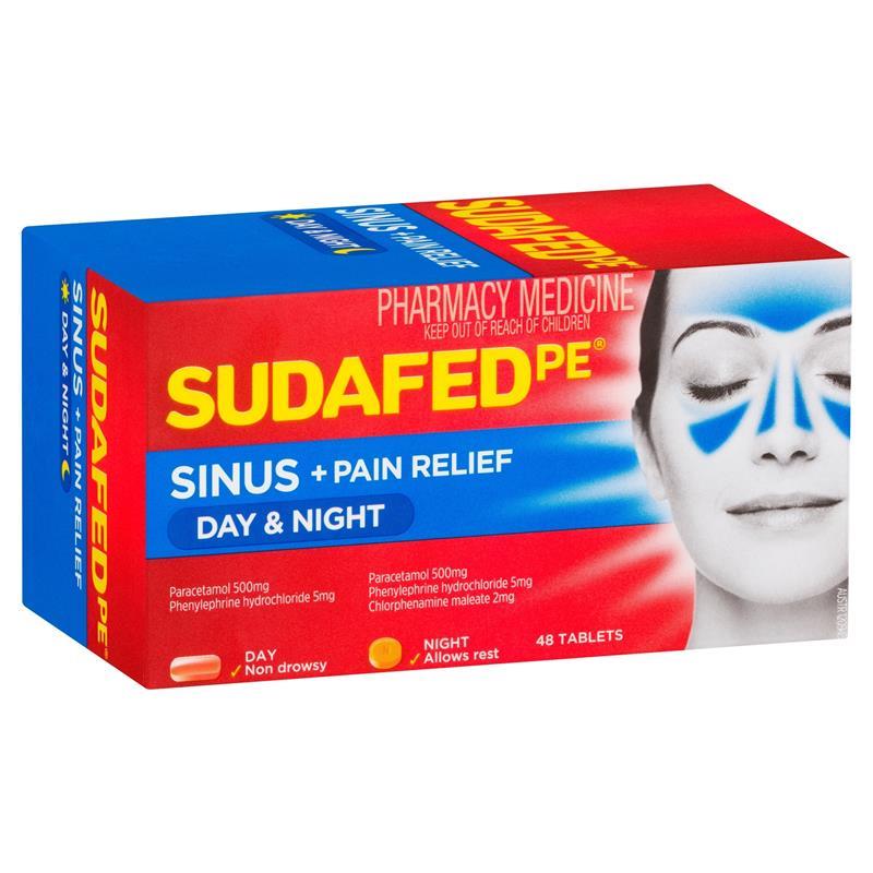 Load image into Gallery viewer, Sudafed PE Sinus + Pain Relief Day &amp; Night Tablets 48 Pack
