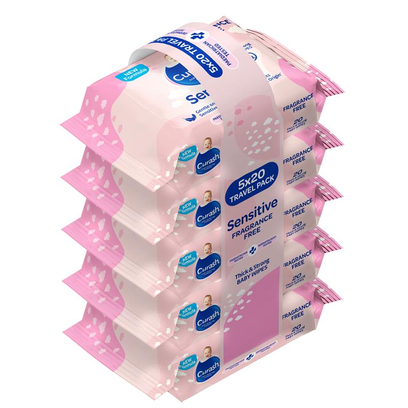 Load image into Gallery viewer, Curash Baby Sensitive Travel Wipes 5 x 20 Pack

