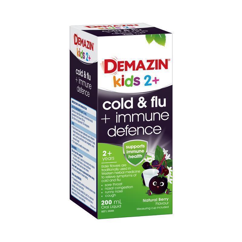 Load image into Gallery viewer, Demazin Kids 2+ Cold &amp; Flu + Immune Defence Natural Berry Oral Liquid 200mL
