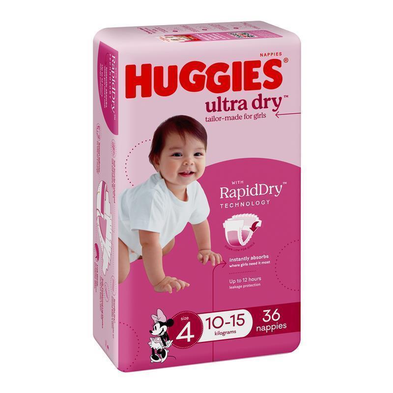 Load image into Gallery viewer, Huggies Ultra Dry Nappies Size 4 Girl 10-15kg Bulk 36 Pack
