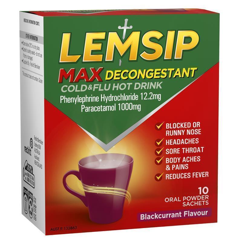 Load image into Gallery viewer, Lemsip Max Cold &amp; Flu Hot Drink with Decongestant Blackcurrant 10 Sachets
