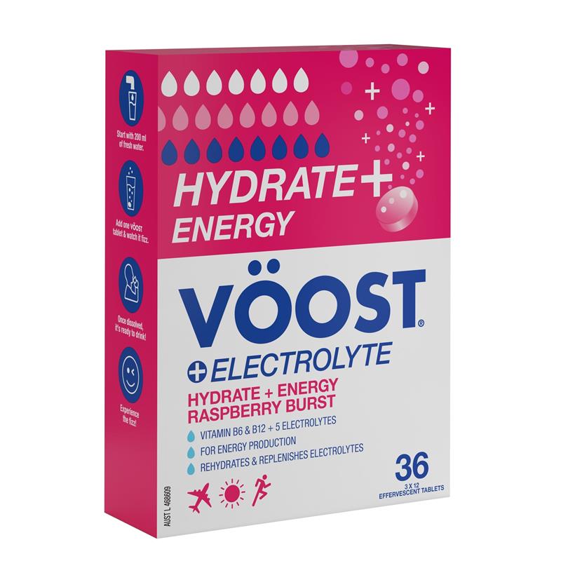 Load image into Gallery viewer, Voost Hydrate + Energy Raspberry Burst Effervescent Tablets 36 Pack
