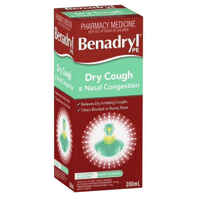 Load image into Gallery viewer, Benadryl PE Dry Cough &amp; Nasal Congestion Non Drowsy Berry Flavour 200mL
